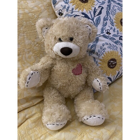 Build A Bear Workshop Cream Patch Stitch Heart 16" Teddy Bear Plush Toy - Picture 2 of 10